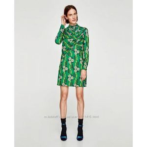 ZARA Mini Dress Womens Size L Green Floral Retro Long Sleeve Silky Ruched NWT